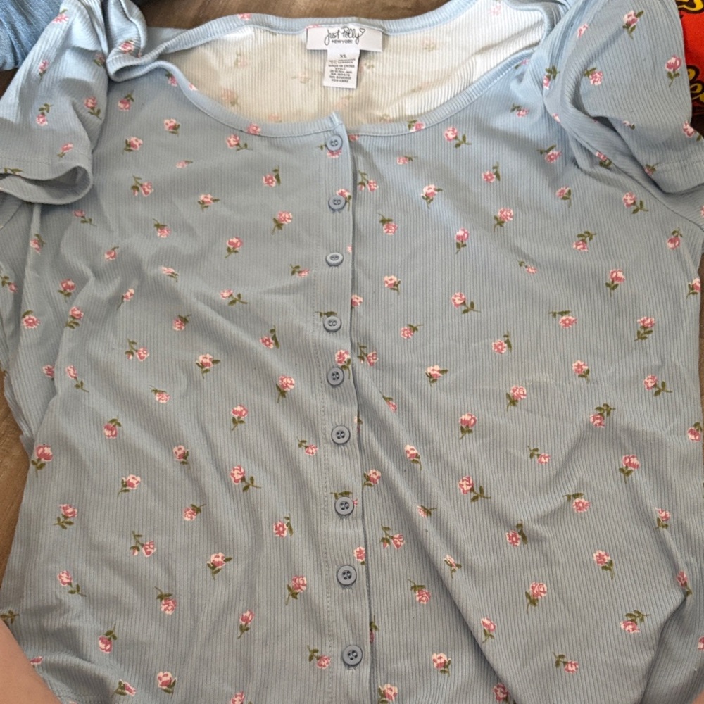 Blue Floral Button-Up Top